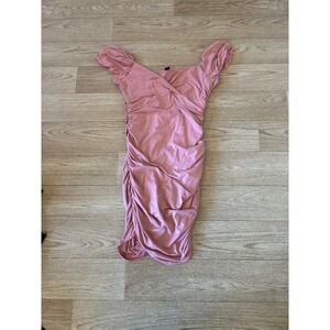 Mauve Pink Ruched Bodycon Dress Short Puff Sleeve V-Neck Style D4085 Womens